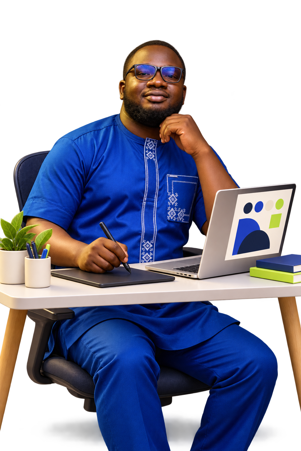 Avatar 3D de Hamadoun, inspiré de son portrait, travaillant sur son MacBook et sa tablette graphique